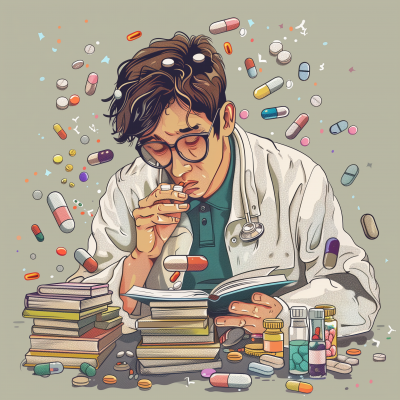 Young student studying and taking medication