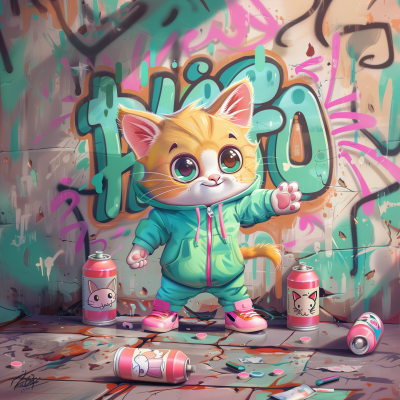 Cute Cat in Graffiti Wall Illustration