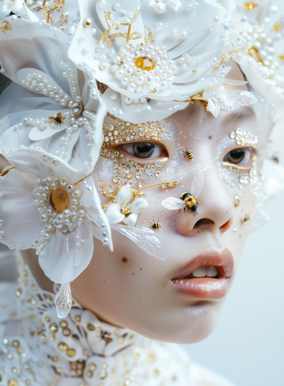 Asian Model with White Makeup and Gold Rhinestones