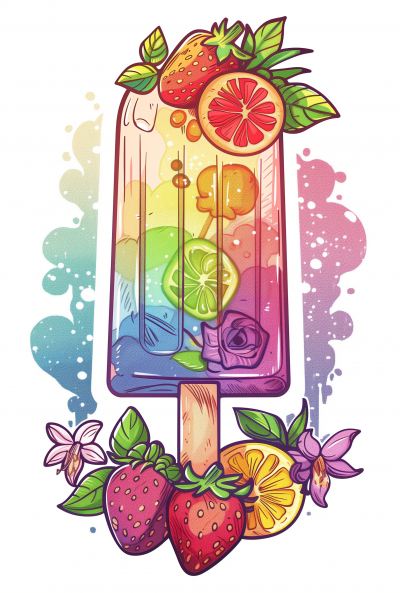 Colorful Summer Popsicle with Flowers and Fruits