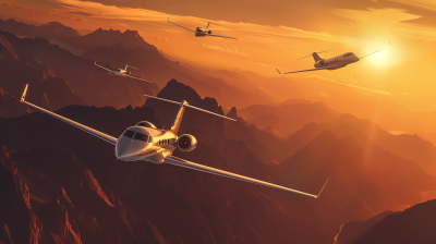 Private Airplanes Flying at Sunset