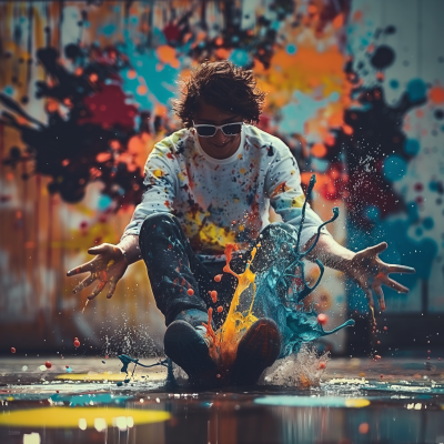 Teenager splashing paint at camera lens
