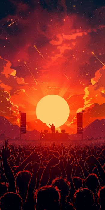Vibrant Concert Scene with DJ Under Glowing Sun