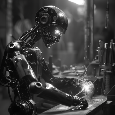 Futuristic Robot Welding Metal