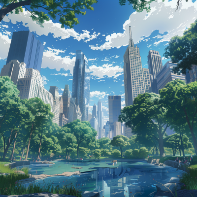 Futuristic Cityscape with Greenery and Water Features