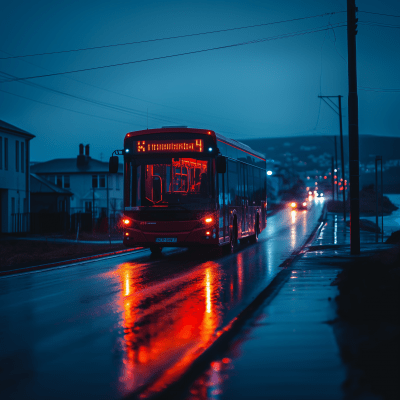 Bus driving on wet asphalt road in Tórshavn