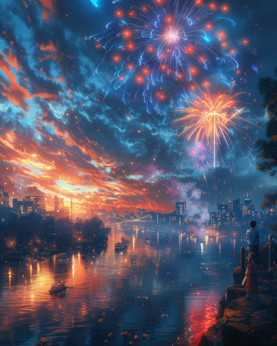 Fireworks over Serene Cityscape