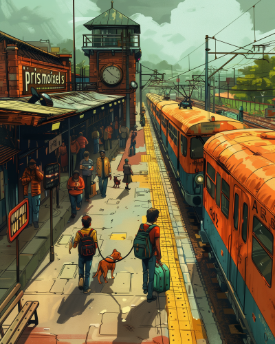 Indian Train Station Cartoon Illustration
