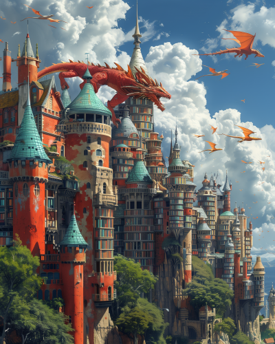 Fantastical Cityscape with Dragons