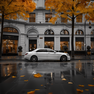 Luxurious White Car on Wet Street