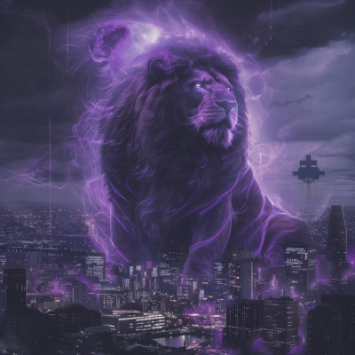 Neon Purple Lion in Futuristic Cityscape