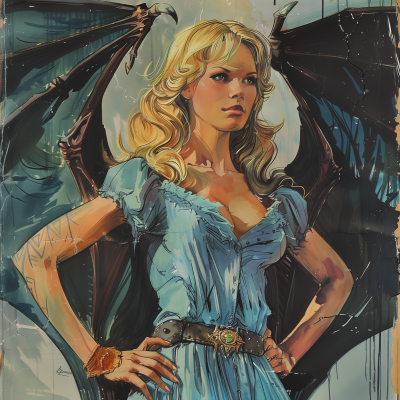 Mystical Blonde Woman with Black Wings