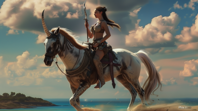 Warrior Woman and Unicorn at Sea