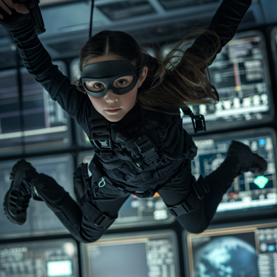 Superhero Girl in High-Tech Control Room