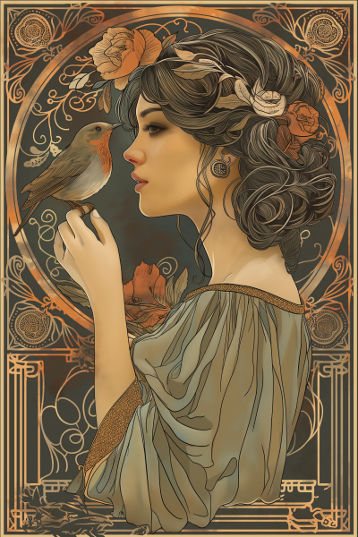 Art Nouveau Woman with Bird Illustration