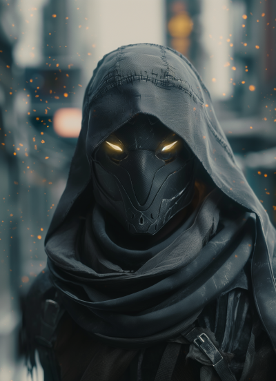 Dark Hooded Figure with Futuristic Mask