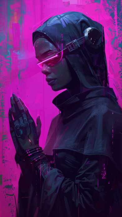 Cyberpunk African American Nun Praying