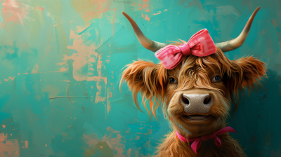 Happy Highland Cow with Pink Bow