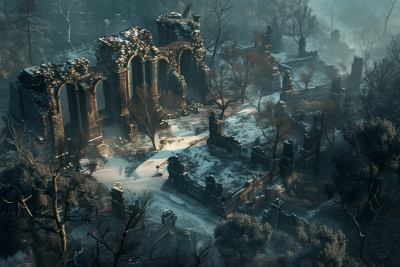 Stone Ruins in Winter Forest