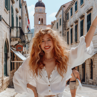 Curly Red Headed Girl Posing in Dubrovnik