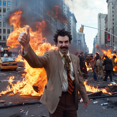 Borat Thumbs Up in Burning New York Square