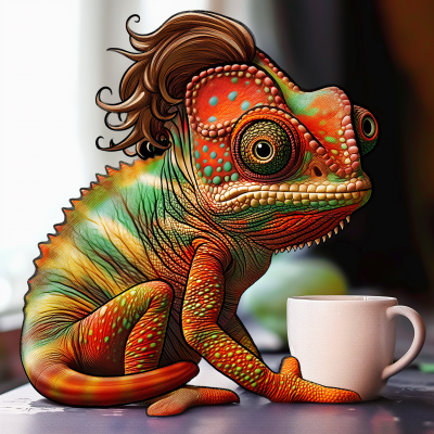 Colorful Chameleon with Quirky Hair Eyeing a Coffee Mug