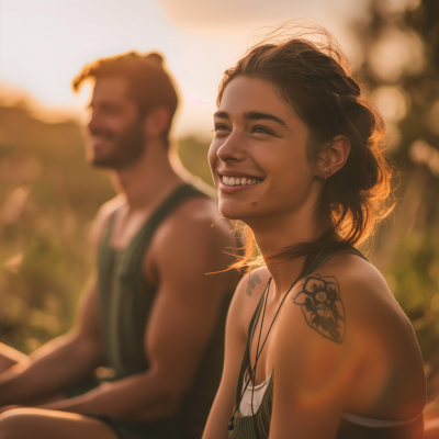 Bright Smiling Woman with Tattoo during Sunset
