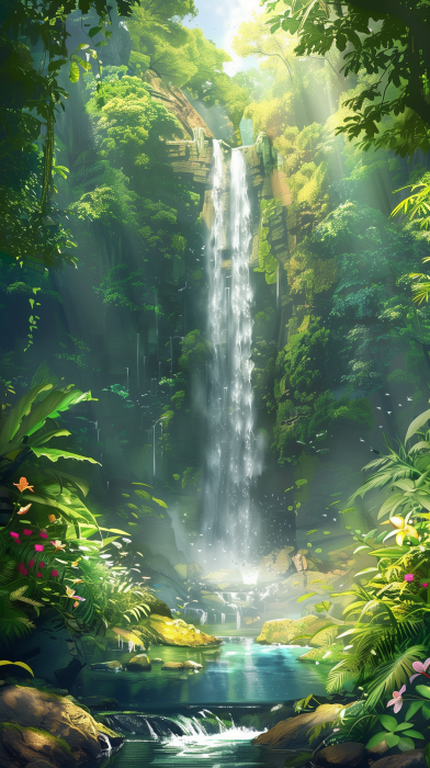 Towering Waterfall in Lush Rainforest
