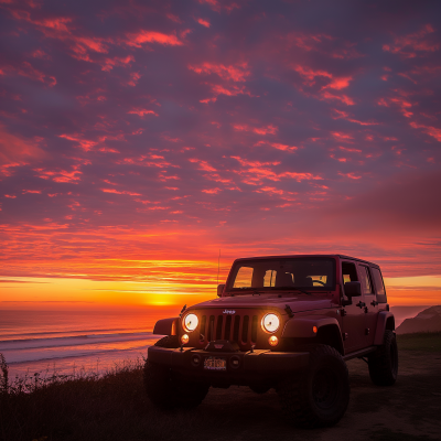 Silhouetted Jeep at Sunset