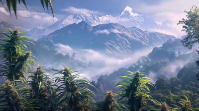 Misty Mountain Valley with Cannabis Plants