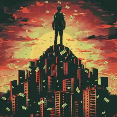 Man standing on skyscraper mound surrounded by flying money