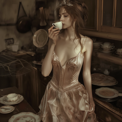 Surreal Victorian Woman in Kitchen