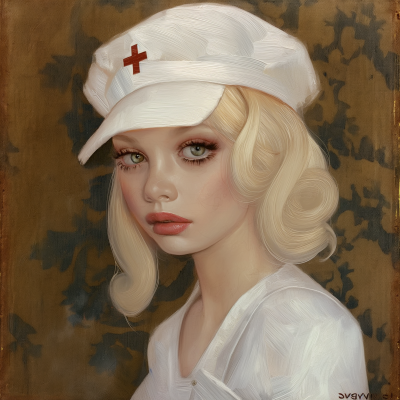 Whimsical Surreal Victorian Nurse Girl with Blonde Hair and White Hat