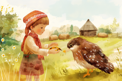 Child feeding cuckoo in traditional Romanian clothes