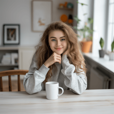 Teenager Girl Holding White Mug at Dining Table