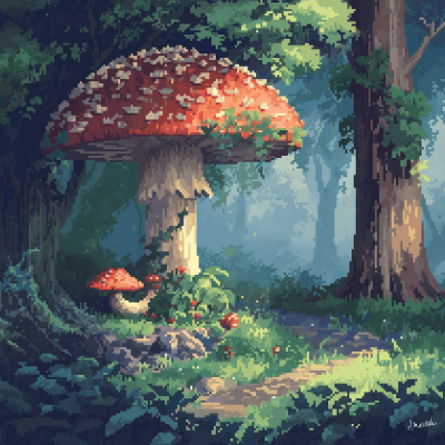Pixel Art Forest Scene with Red-Capped Mushrooms