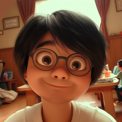 Smiling character in Pixar animation style