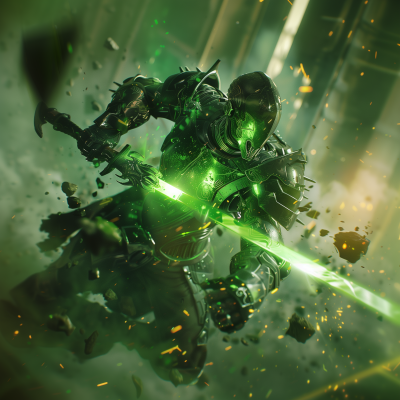 Futuristic Warrior in Green Armor with Glowing Sword
