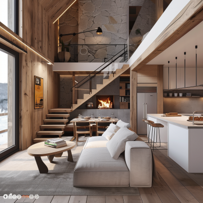 Cozy Modern Cabin Interior with Fireplace