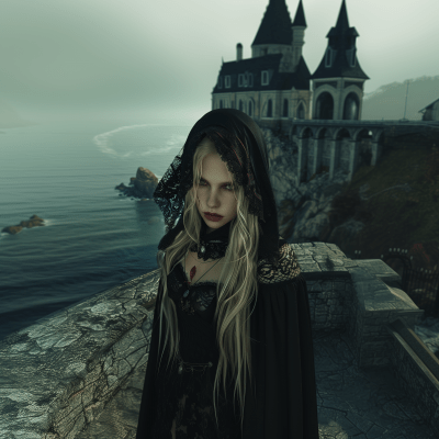 Gothic Woman overlooking Coastal Scene