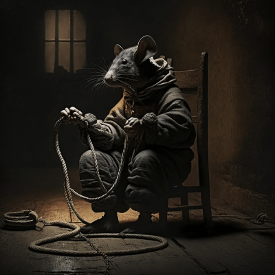 Rat tied to a chair in a dimly lit basement