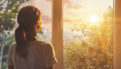 Woman gazing at sunset through window