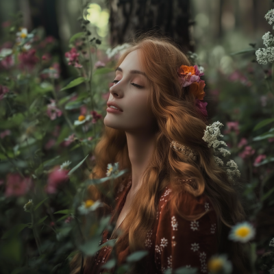 Nordic Woman in Flower Forest