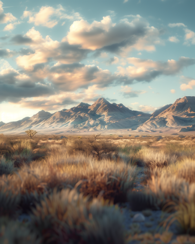 Sunlit Mountain Range Overlooking Serene Desert Landscape