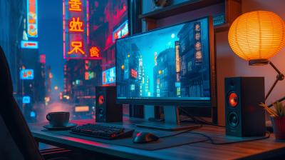 Professional Workspace with Cyberpunk City View