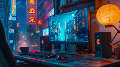Modern Workspace with Cyberpunk Cityscape View