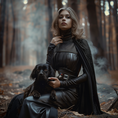 Futuristic Woman with Black Dog in Misty Forest
