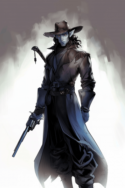 Mysterious Blue-Skinned Figure with Revolver