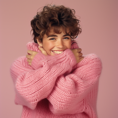 Smiling Woman in 1980s Style Pink Wool Sweater