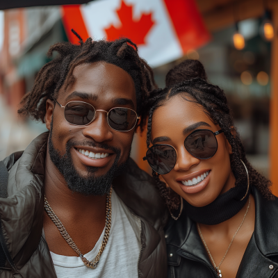 Happy African American Customers with Canadian Flag